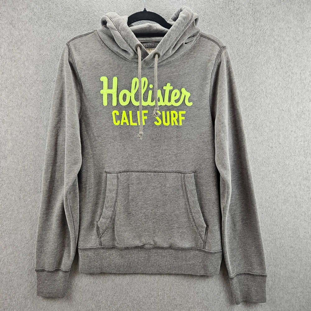 HOLLISTER Hoodie Women L Gray Neon Yellow Calif Surf Pullover Y2K Beach Comfy